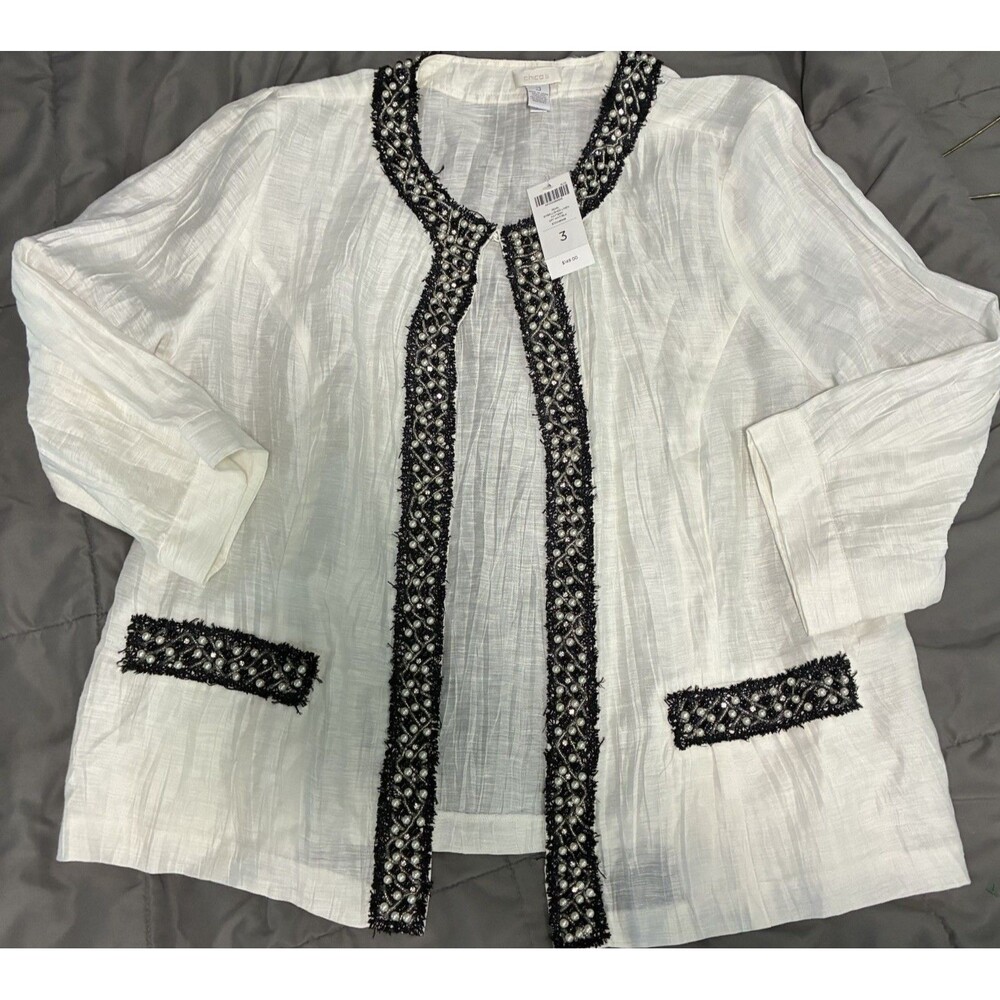 NWT Chicos Size 3 XL Linen Pearl Beaded Jacket Open Front Embellished Coastal